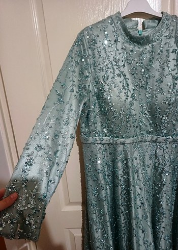 Uzun Kollu Turkuaz Parlak Abiye Elbise - Görsel 2