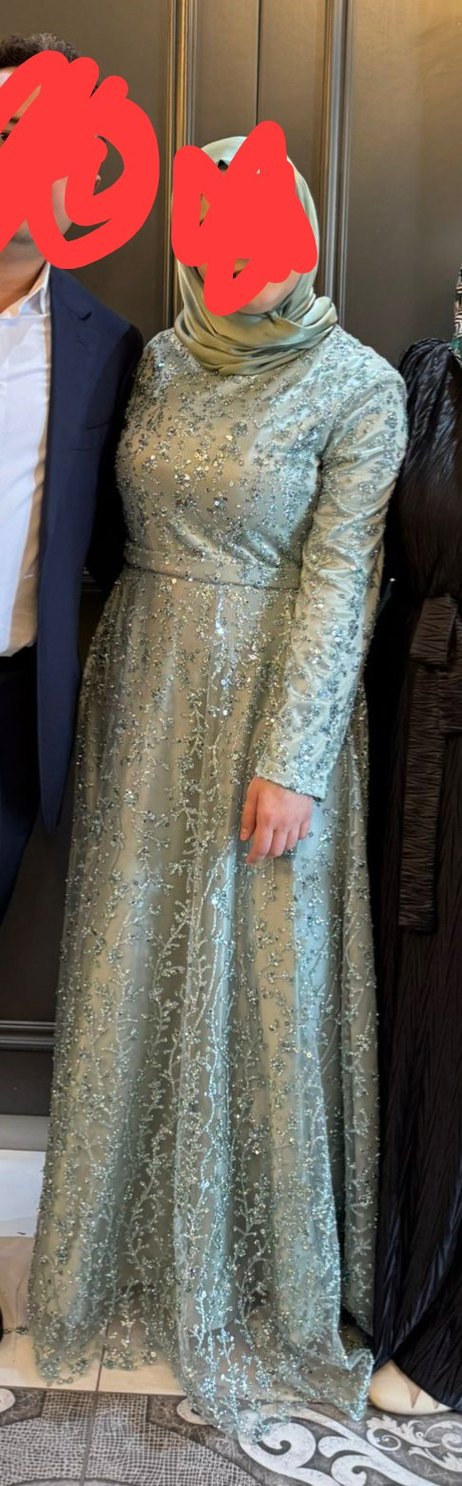 Uzun Kollu Turkuaz Parlak Abiye Elbise - Görsel 3