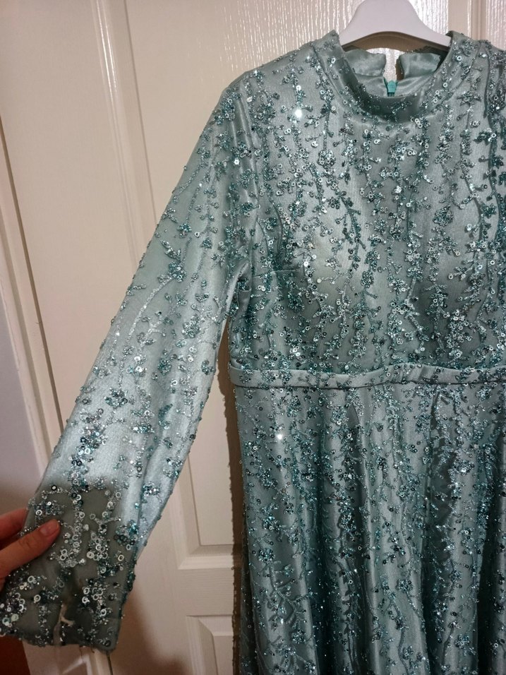 Uzun Kollu Turkuaz Parlak Abiye Elbise - Görsel 2