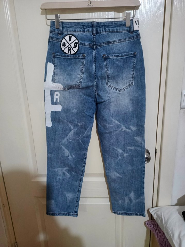 Düğmeli, Baskılı Loose Fit Kadın Kot Pantolon - Görsel 2