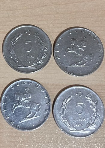 4 adet 1976 yılına ait 5 Lira Madeni Paralar