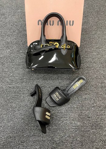 2 Li miu miu set terlik ile çanta Siyah Mini Kilitli Kadın Çanta
