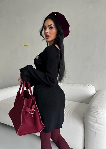 m Beden Bordo Süet Mini Kadın Triko Elbise