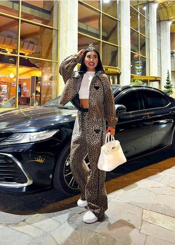 xl Beden kahverengi Renk Prada Kürk Detaylı Leopar Desenli Kadın Eşofman