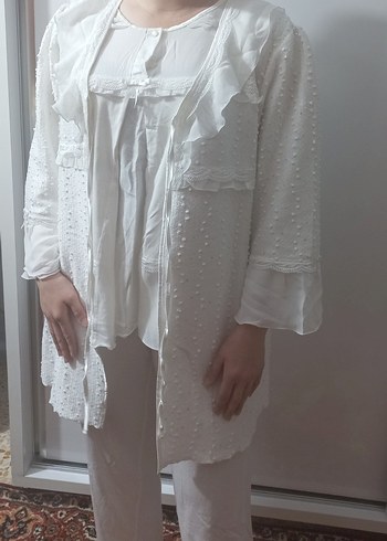 Uzun Kollu Beyaz Nakışlı Bohem Kadın Sabahlık - Görsel 4