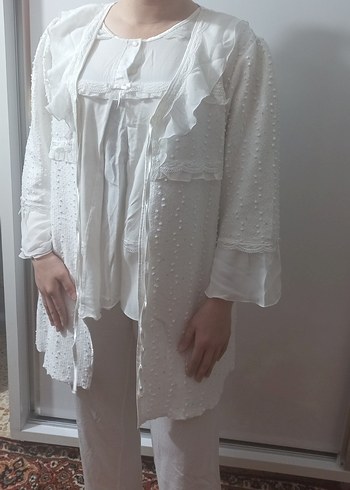 Uzun Kollu Beyaz Nakışlı Bohem Kadın Sabahlık - Görsel 8