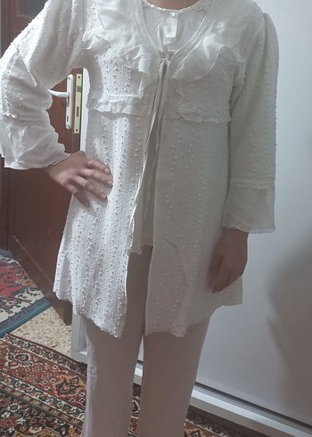 Uzun Kollu Beyaz Nakışlı Bohem Kadın Sabahlık - Görsel 9