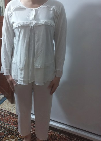 Uzun Kollu Beyaz Nakışlı Bohem Kadın Sabahlık - Görsel 7