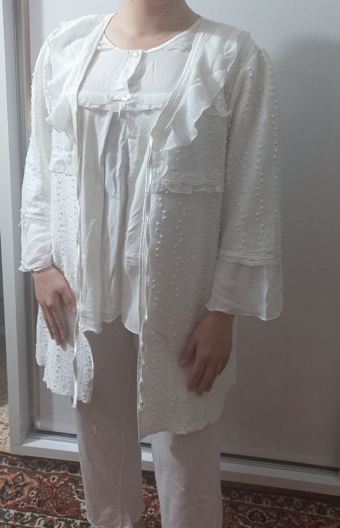 Uzun Kollu Beyaz Nakışlı Bohem Kadın Sabahlık - Görsel 4