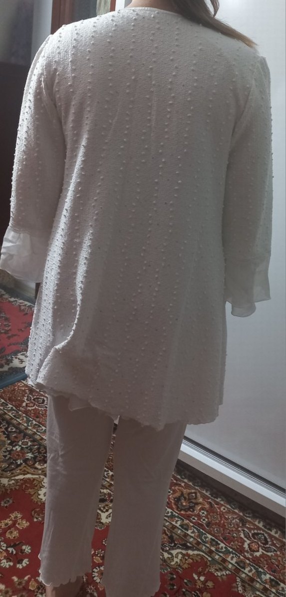 Uzun Kollu Beyaz Nakışlı Bohem Kadın Sabahlık - Görsel 5