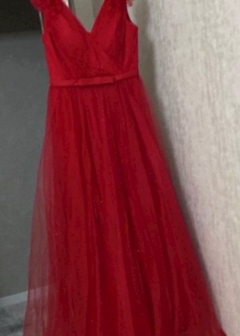 M 38 Kadın Kırmızı Uzun Abiye Elbise V Yaka - Görsel 3