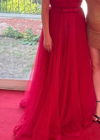 M 38 Kadın Kırmızı Uzun Abiye Elbise V Yaka - Görsel 4