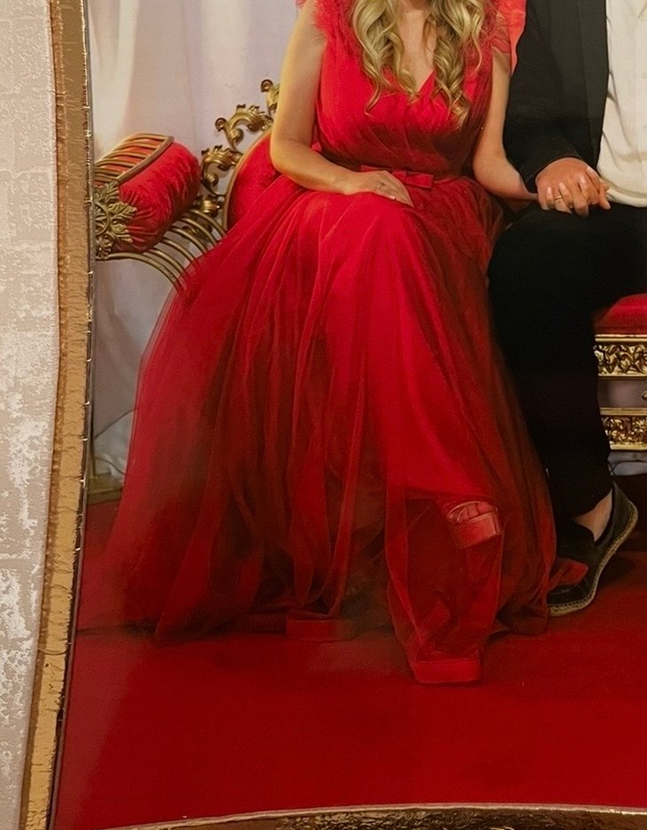 M 38 Kadın Kırmızı Uzun Abiye Elbise V Yaka - Görsel 5