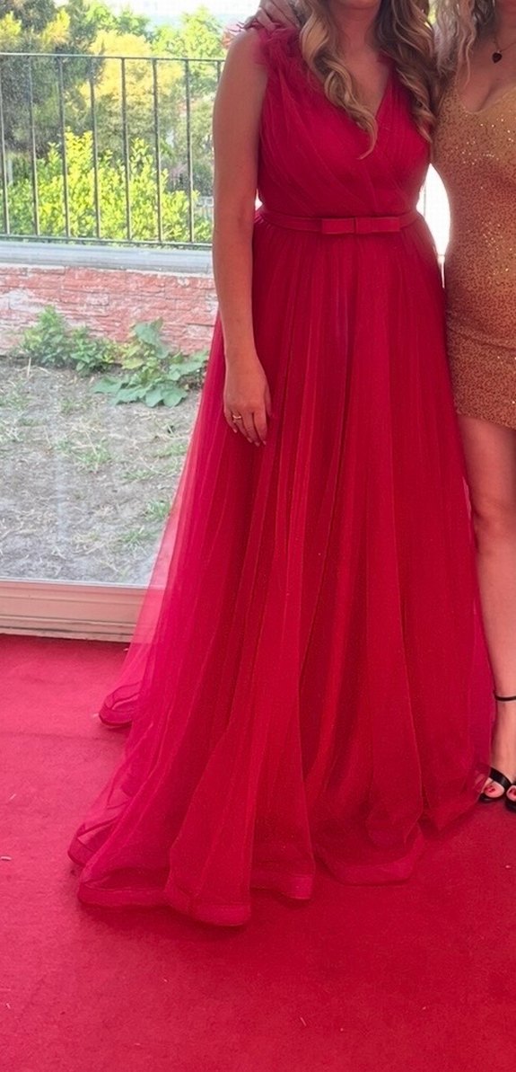 M 38 Kadın Kırmızı Uzun Abiye Elbise V Yaka - Görsel 4