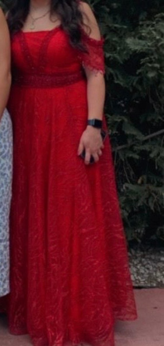 M 38 Parlak Kırmızı V Yaka Uzun Abiye Elbise - Görsel 4