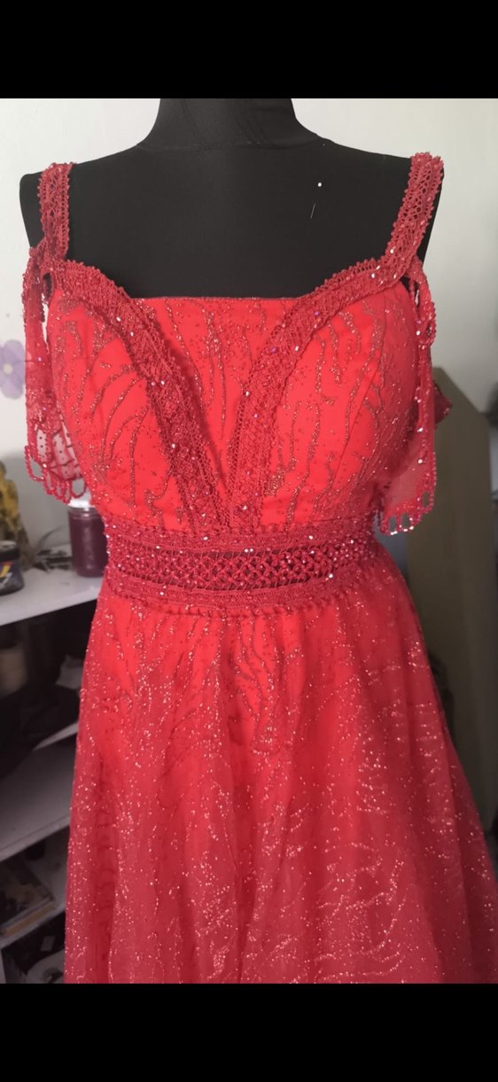 M 38 Parlak Kırmızı V Yaka Uzun Abiye Elbise - Görsel 2