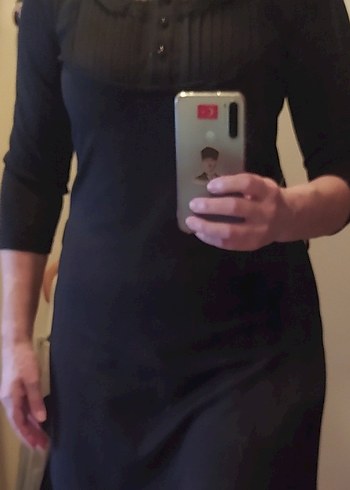 Düğmeli Siyah Midi Gotik Ofis Elbisesi - Görsel 4