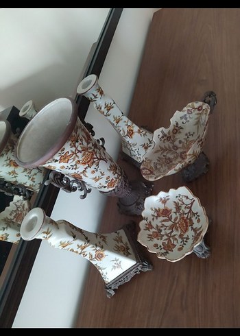 Beyaz Çiçek Desenli Dekoratif Vazo Seti - Görsel 6