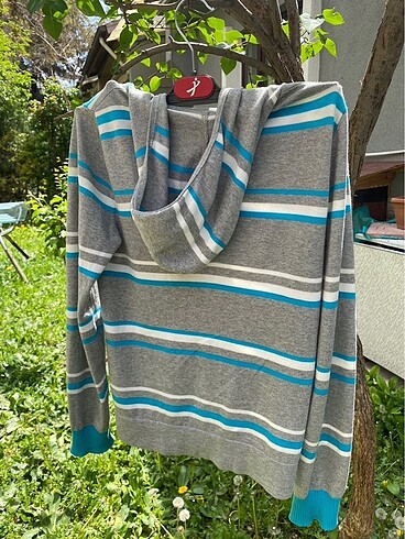 Benetton mavi beyaz gri çizgili triko hırka - Görsel 3