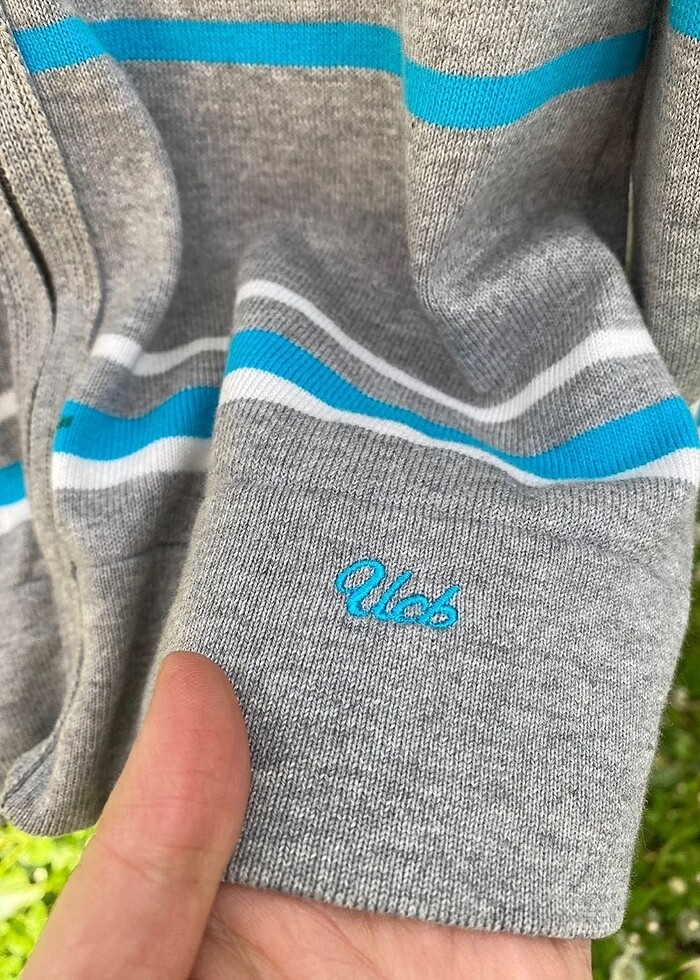 Benetton mavi beyaz gri çizgili triko hırka - Görsel 2