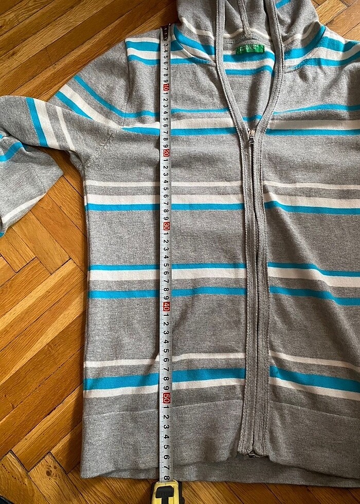 Benetton mavi beyaz gri çizgili triko hırka - Görsel 5