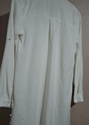 Beyaz Keten V Yakalı Uzun Kollu Gömlek - Görsel 3