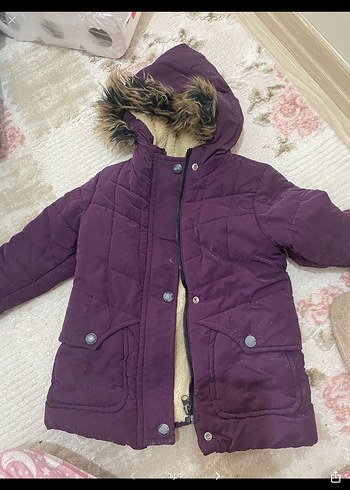Kürklü Kapüşonlu Mor Kız Çocuk Mont