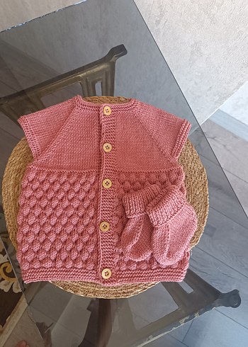9-12 Ay Beden pembe Renk Kız Çocuk Pembe Örgü Bohem Yelek