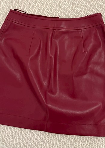 Bordo Düğmeli Deri Mini Etek - Görsel 2