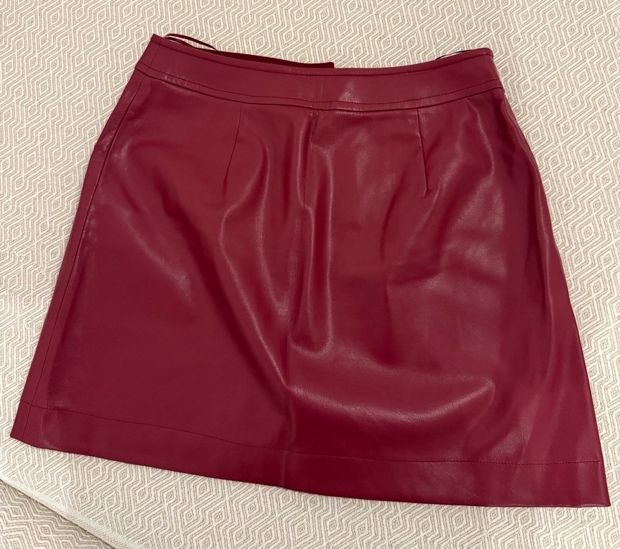 Bordo Düğmeli Deri Mini Etek - Görsel 2