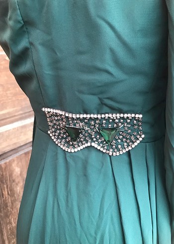 Nakışlı V Yaka Yeşil Uzun Bohem Elbise - Görsel 3