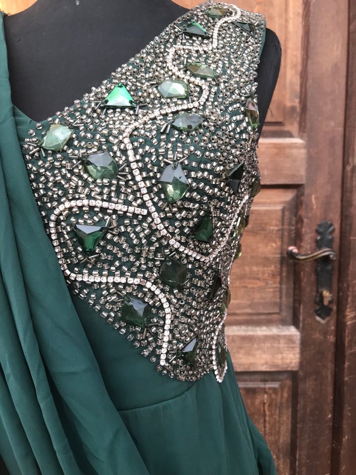 Nakışlı V Yaka Yeşil Uzun Bohem Elbise - Görsel 2