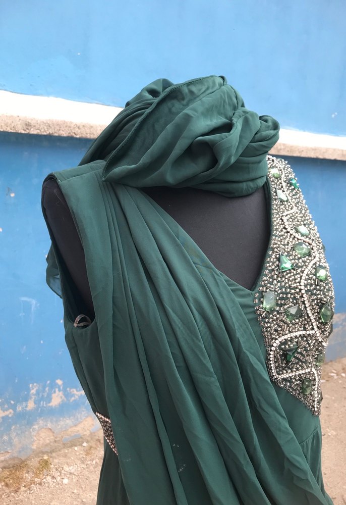 Nakışlı V Yaka Yeşil Uzun Bohem Elbise - Görsel 5