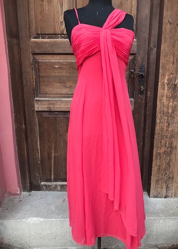 Fuşya Drapeli Midi boy Askılı Kadın Abiye Elbise-40 beden