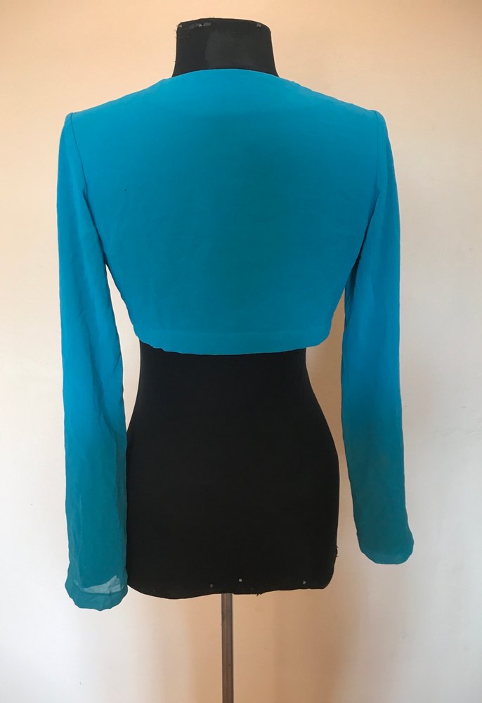 Turkuaz Uzun Kollu Şifon Bolero - Görsel 5