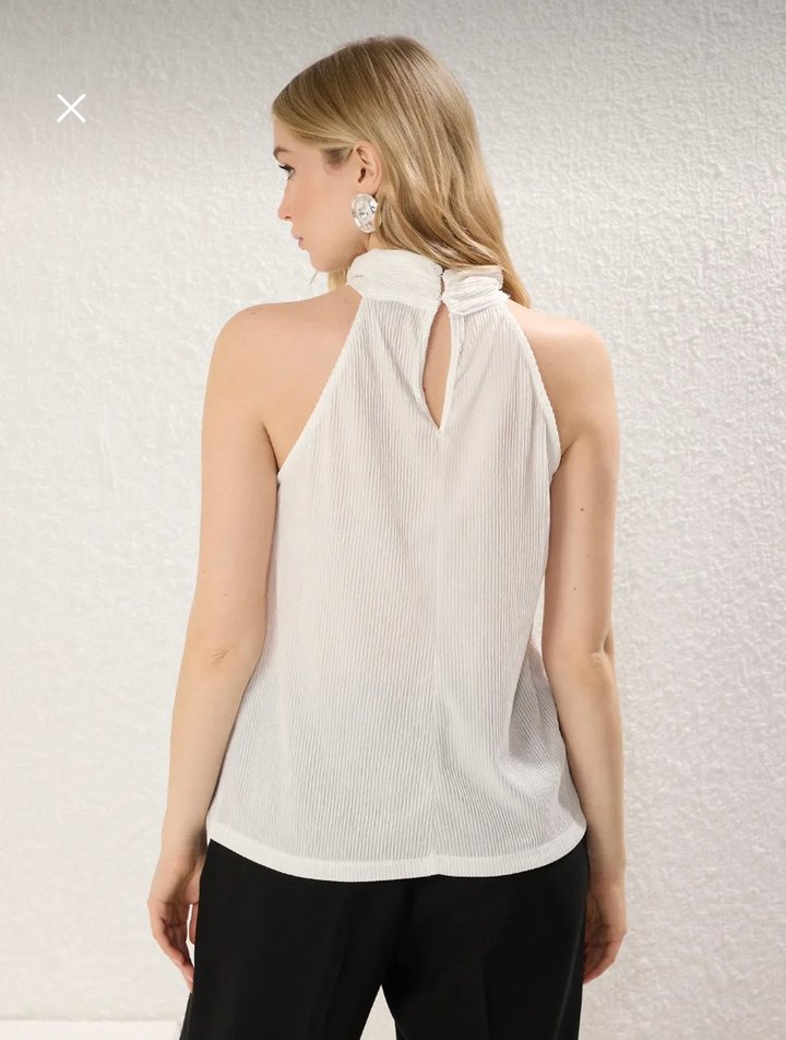 Beyaz Pilili Kolsuz Keten Bluz - Görsel 2