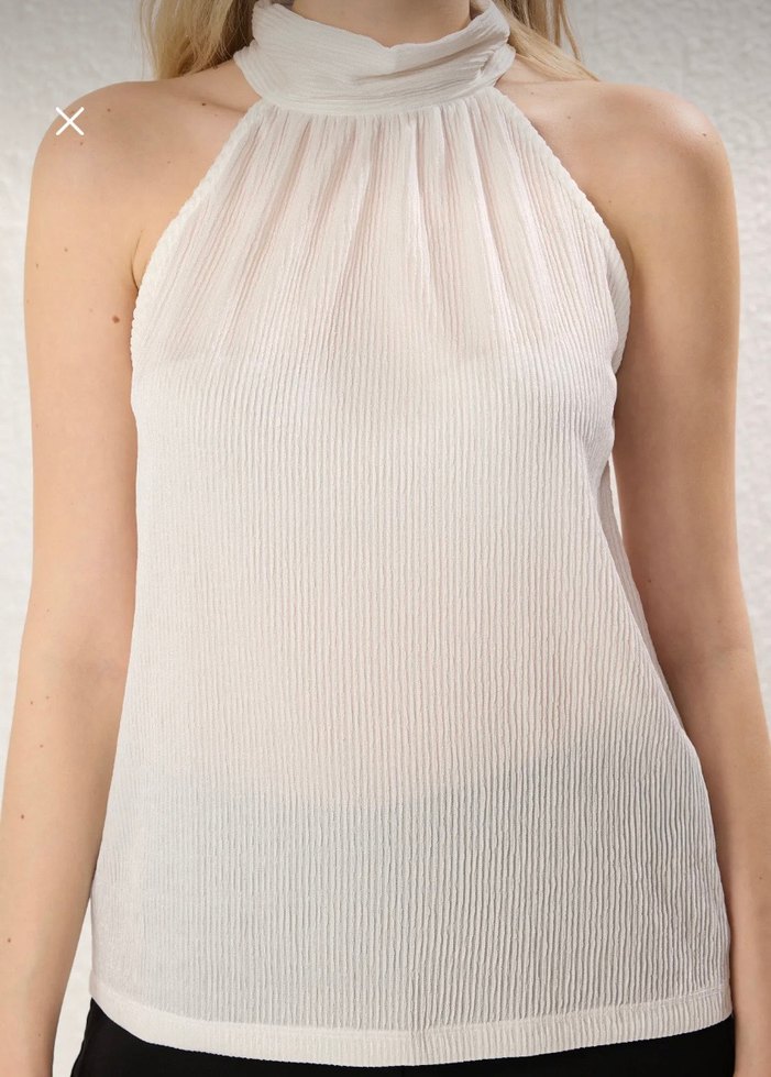 Beyaz Pilili Kolsuz Keten Bluz - Görsel 5