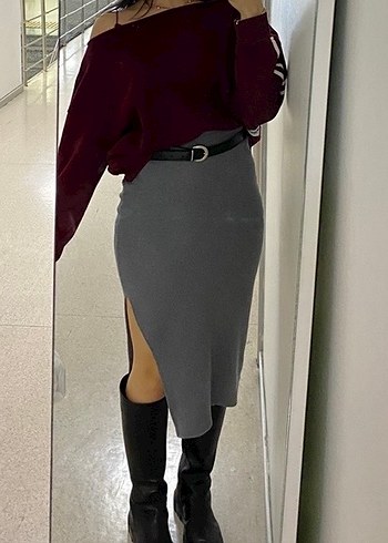 Gri süet Midi Kalem Etek - Görsel 2