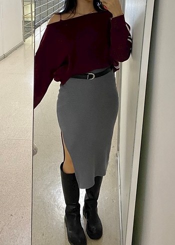 Gri süet Midi Kalem Etek - Görsel 3