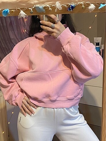 m Beden PEMBE OVERSIZE CROP SWEATSHIR