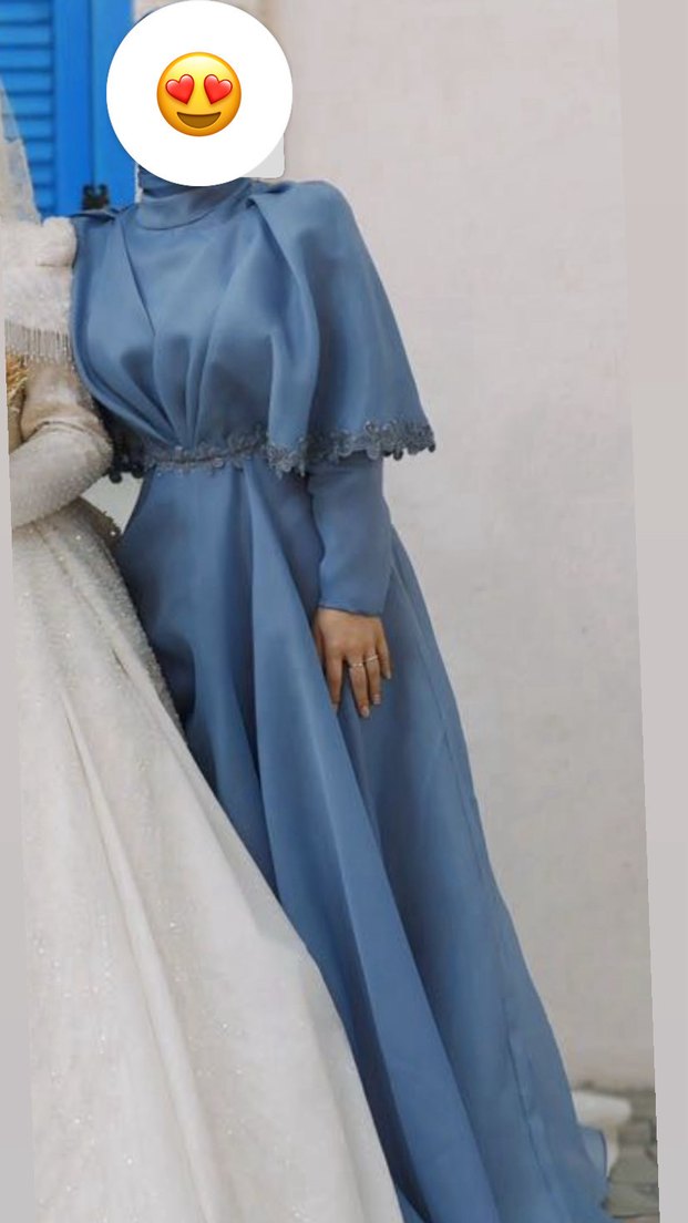 Mavi uzun Kollu İşlemeli Abiye Elbise - Görsel 2