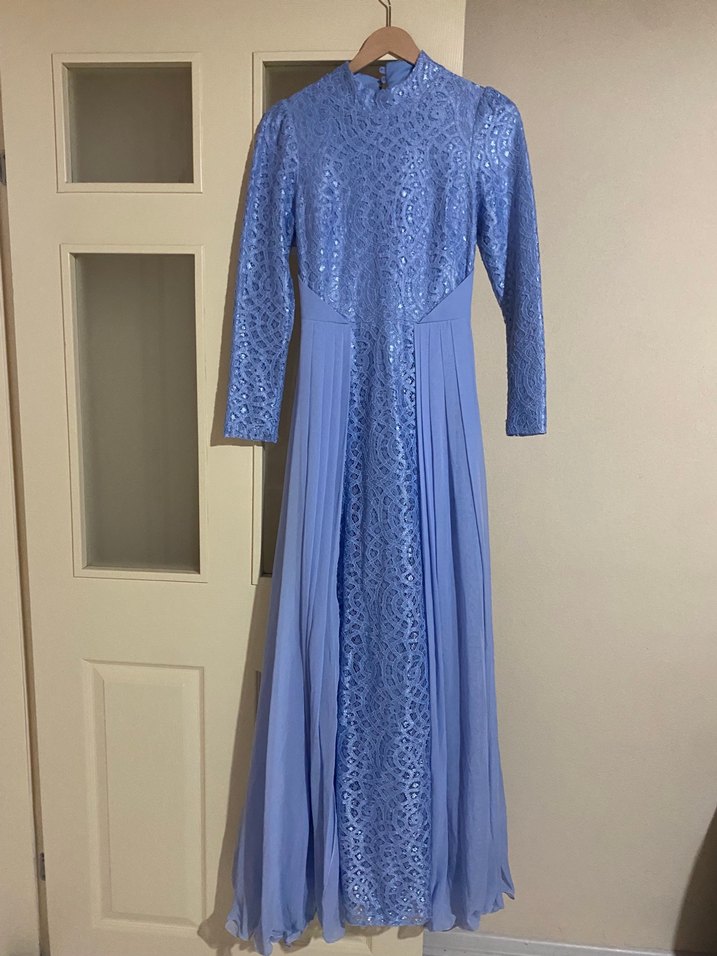 Uzun Kollu mavi Drapeli Abiye Elbise - Görsel 2