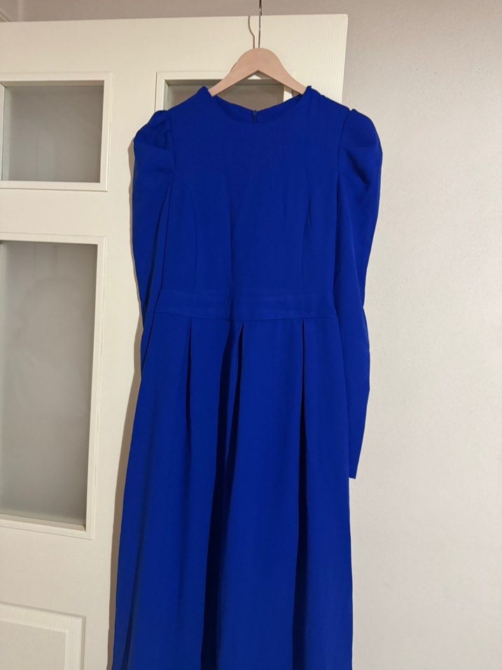 Uzun Kollu Lacivert Pilili Elbise - Görsel 2