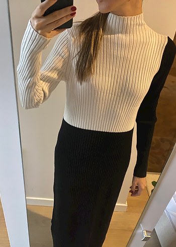 Zara Beyaz-Siyah Uzun Triko Elbise - Görsel 2