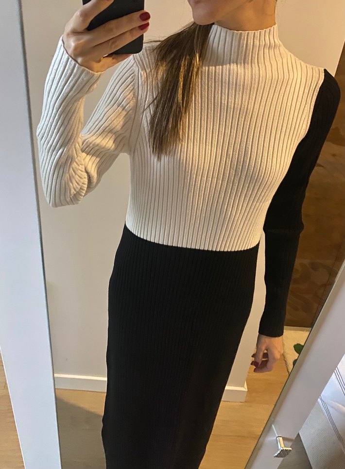 Zara Beyaz-Siyah Uzun Triko Elbise - Görsel 2