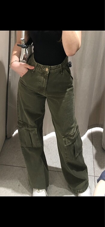 Zara Haki Yüksek Bel Kargo Pantolon