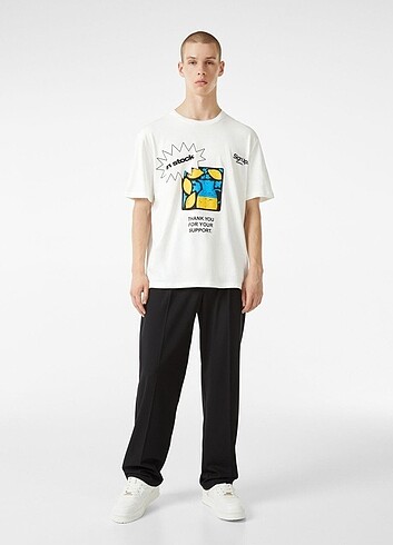 xs Beden beyaz Renk BERSHKA Baskılı Regular Fit Tshirt