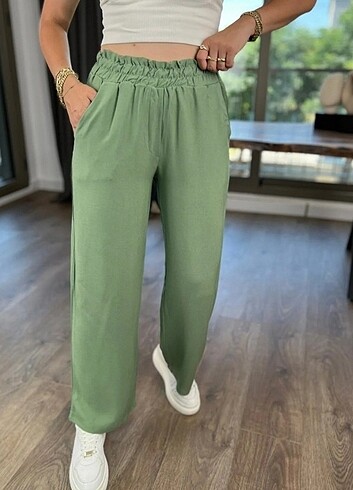 l Beden yeşil Renk Beli lastikli bol paça pantolon