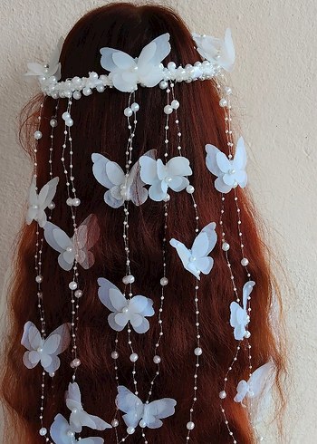 Beyaz Boncuklu Bohem Kelebekli Saç Aksesuarı - Görsel 2
