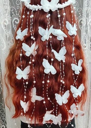 Beyaz Boncuklu Bohem Kelebekli Saç Aksesuarı - Görsel 17